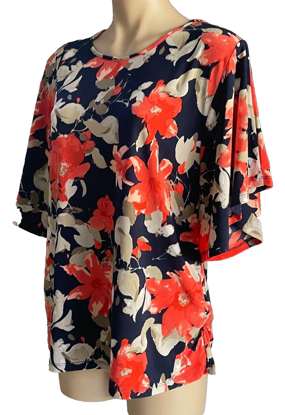 NONI B Top Navy Blue Floral Short Butterfly Sleeve Stretch Blouse Size L 12 14