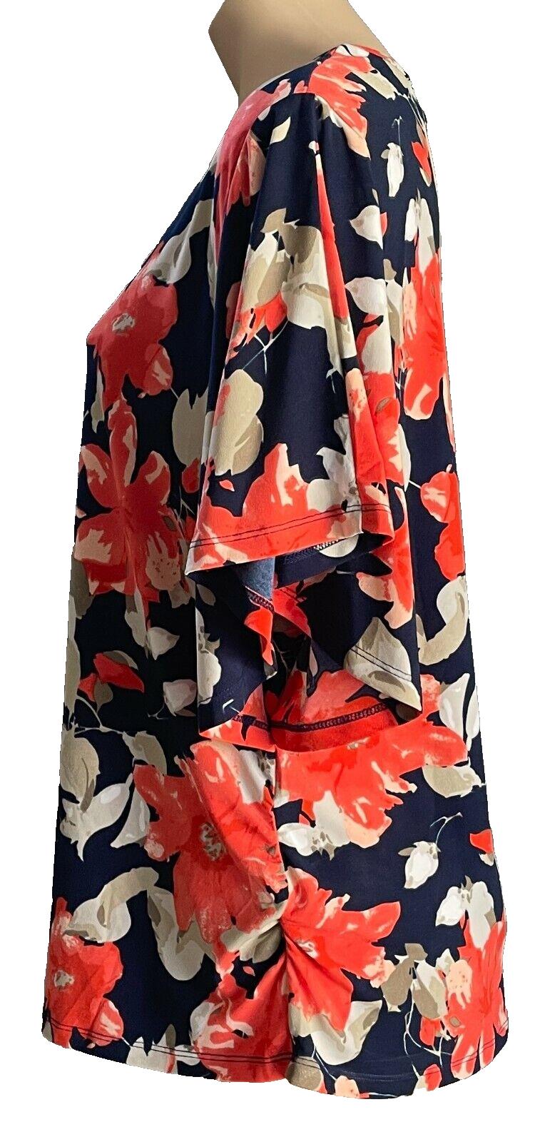 NONI B Top Navy Blue Floral Short Butterfly Sleeve Stretch Blouse Size L 12 14