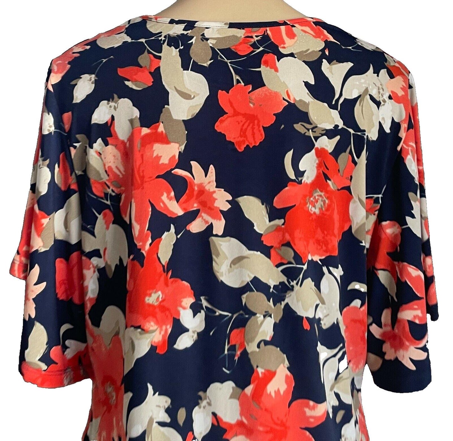 NONI B Top Navy Blue Floral Short Butterfly Sleeve Stretch Blouse Size L 12 14