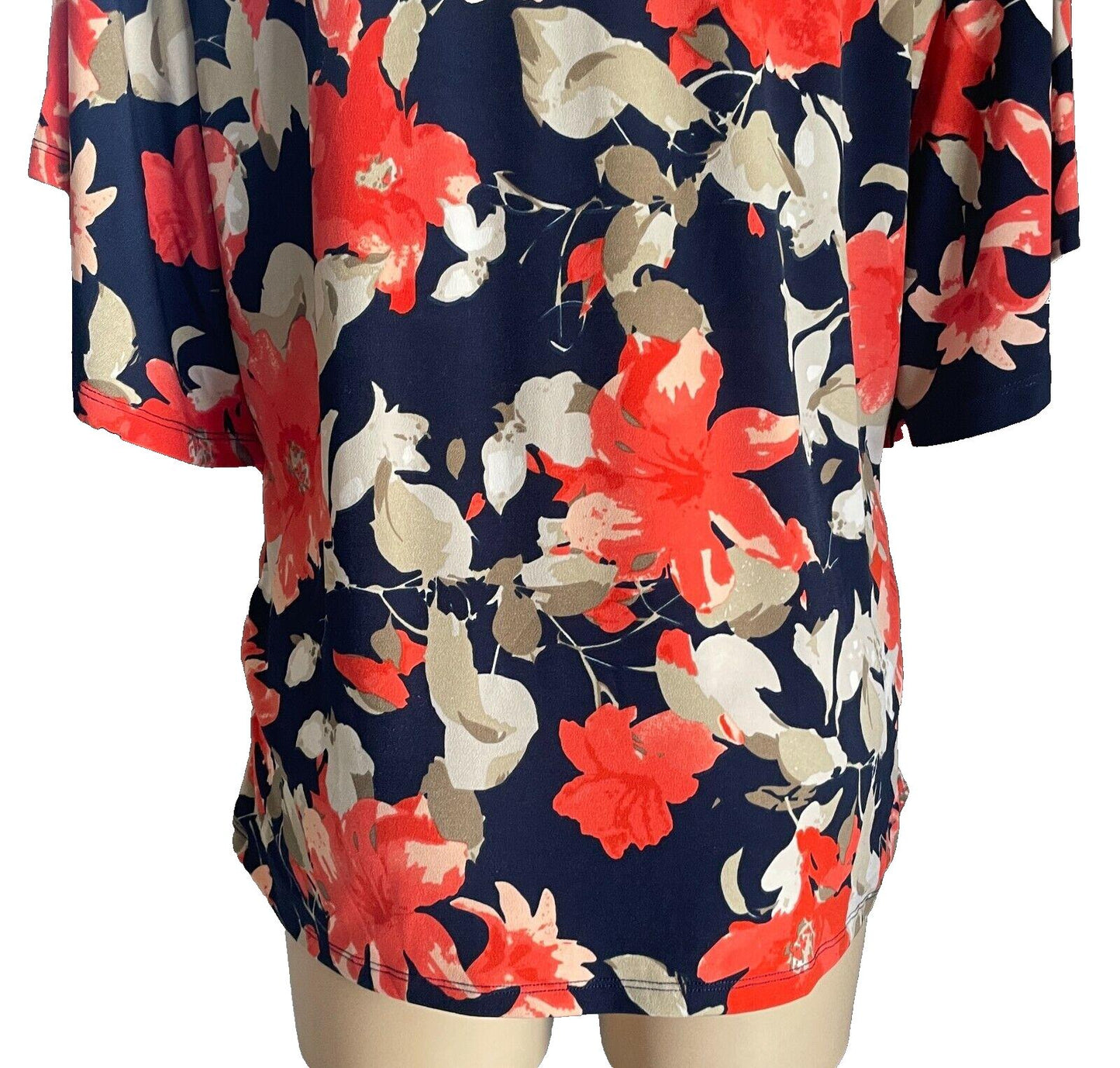 NONI B Top Navy Blue Floral Short Butterfly Sleeve Stretch Blouse Size L 12 14