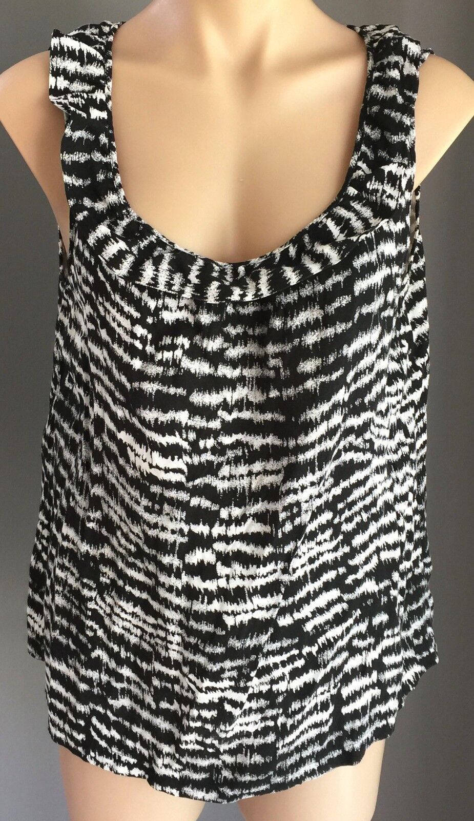 BARKINS Singlet Top  Black & White Print Sleeveless Frilled Edged  Size 12