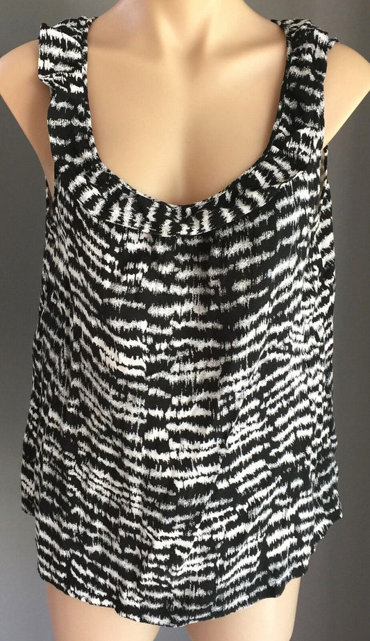 BARKINS Singlet Top  Black & White Print Sleeveless Frilled Edged  Size 12