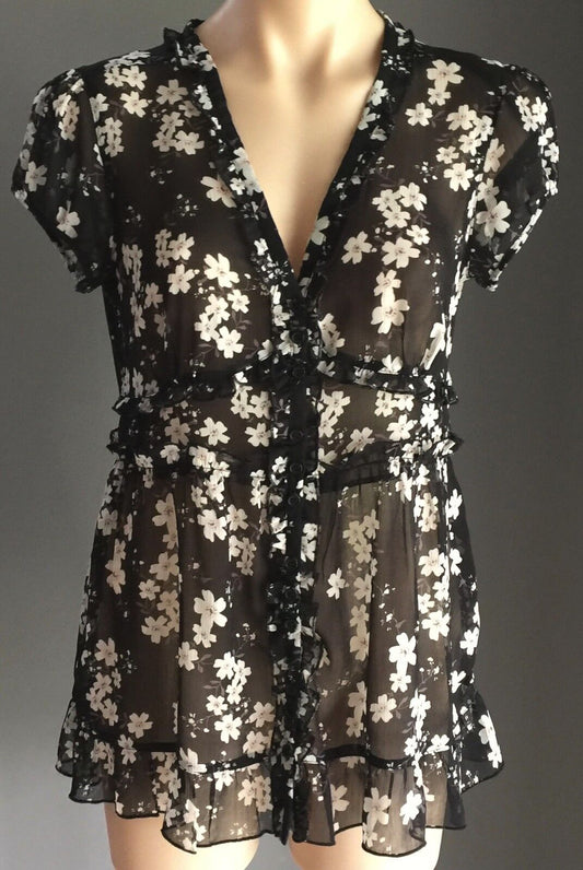 TARGET Top Black & White Floral Sheer Cap Sleeve Tie Back Ladies Size 12