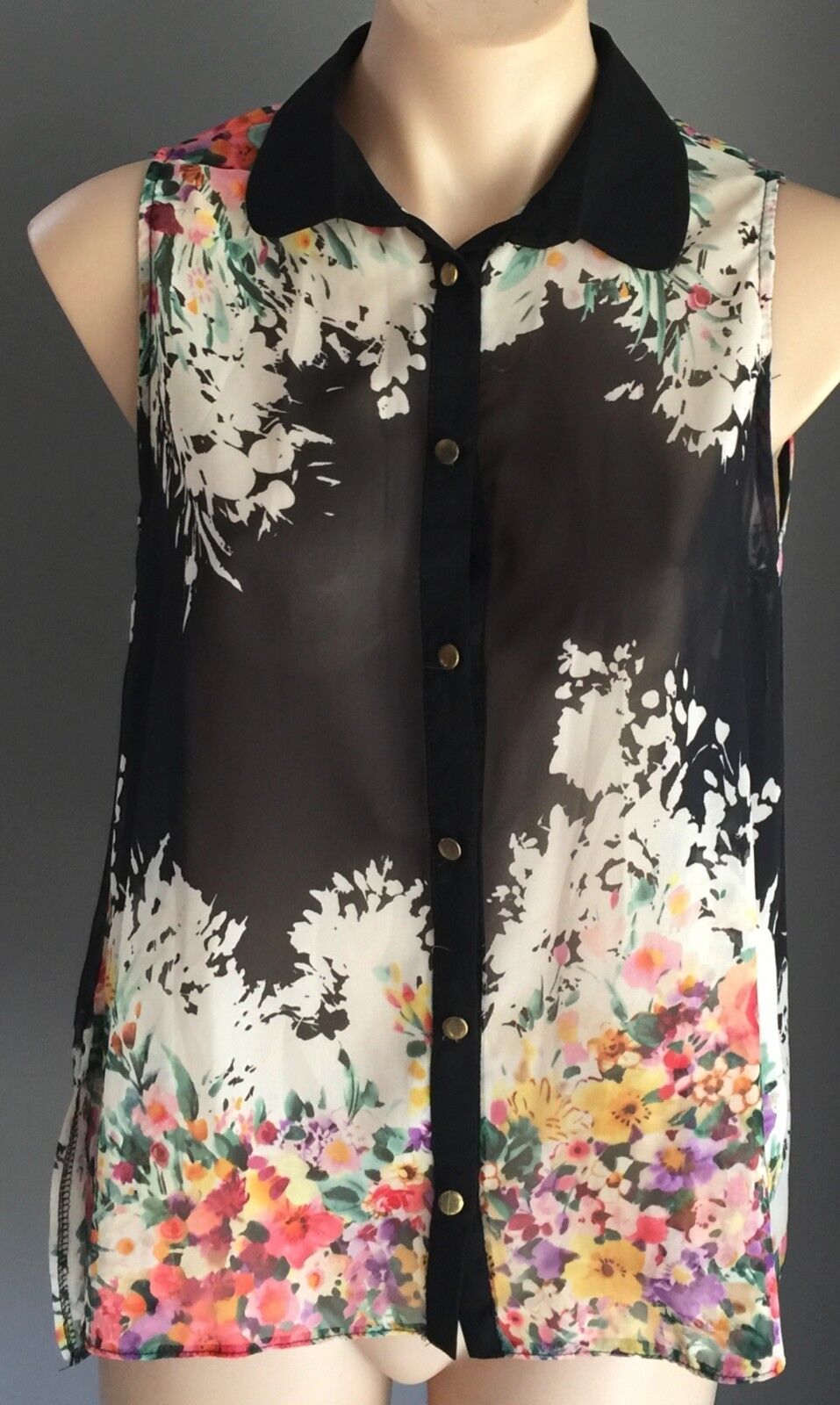 ATMOSPHERE Blouse Sheer Floral Sleeveless Button Front Shirt Top Hi Lo Top Sz 12