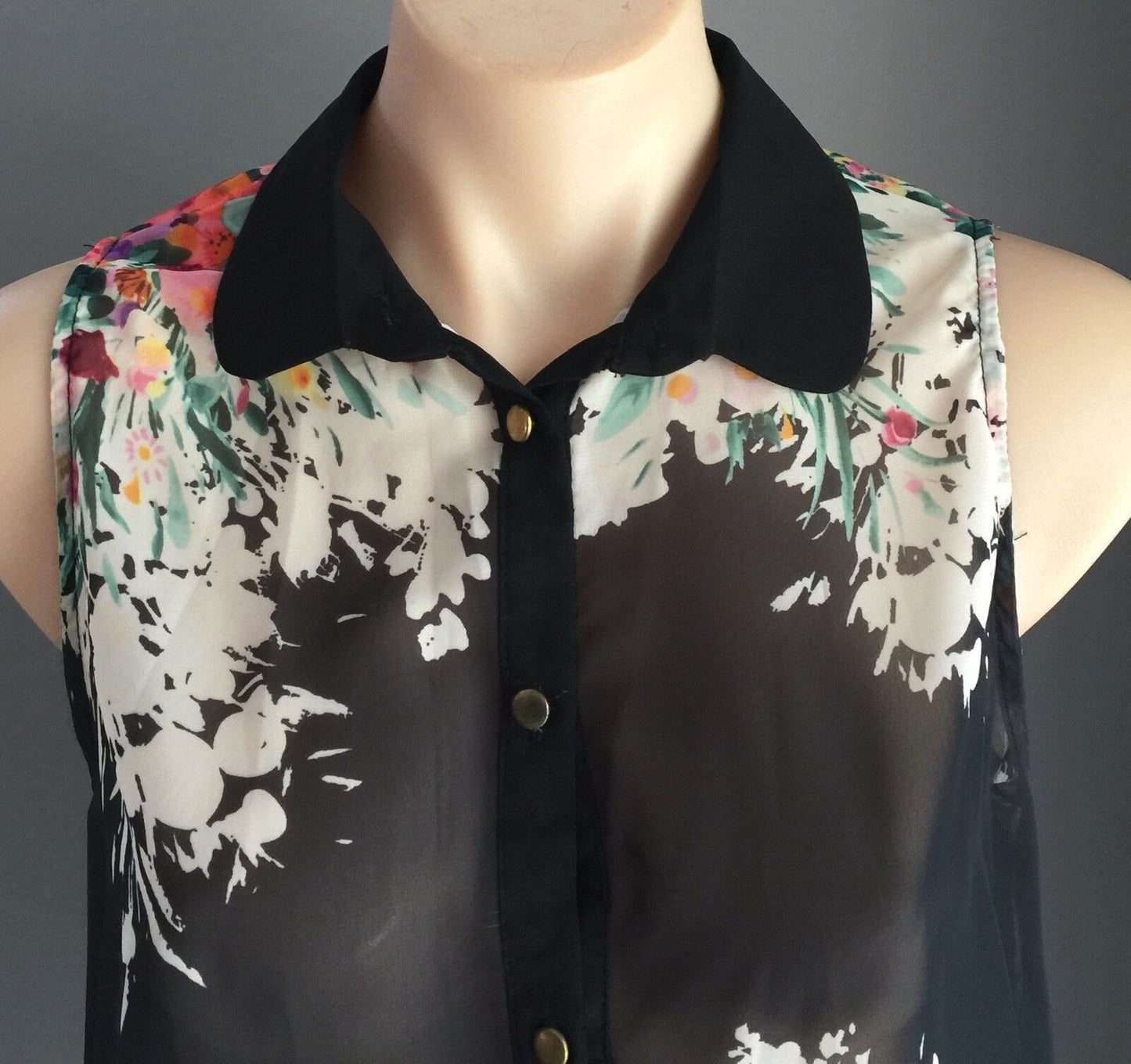 ATMOSPHERE Blouse Sheer Floral Sleeveless Button Front Shirt Top Hi Lo Top Sz 12