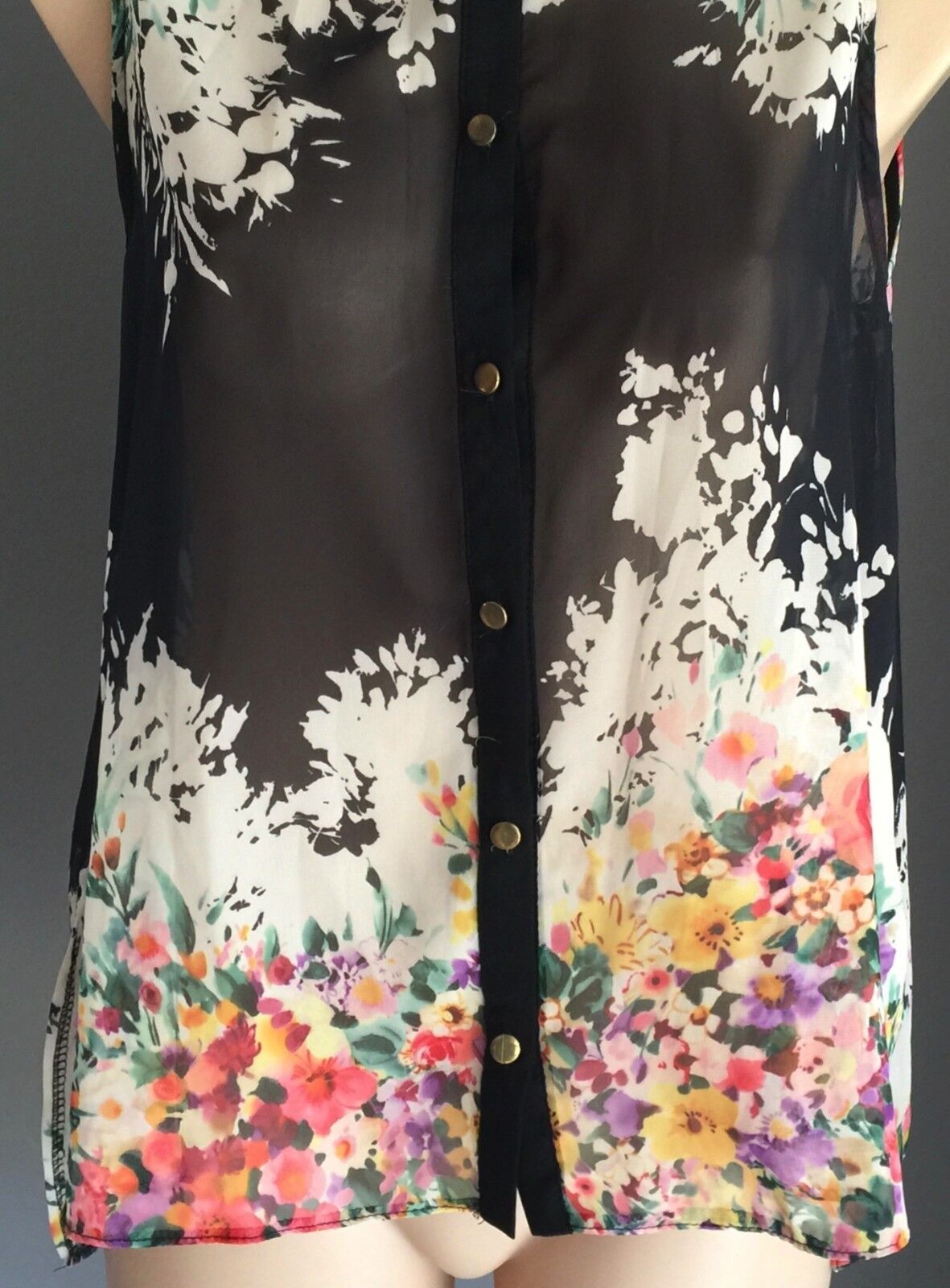 ATMOSPHERE Blouse Sheer Floral Sleeveless Button Front Shirt Top Hi Lo Top Sz 12