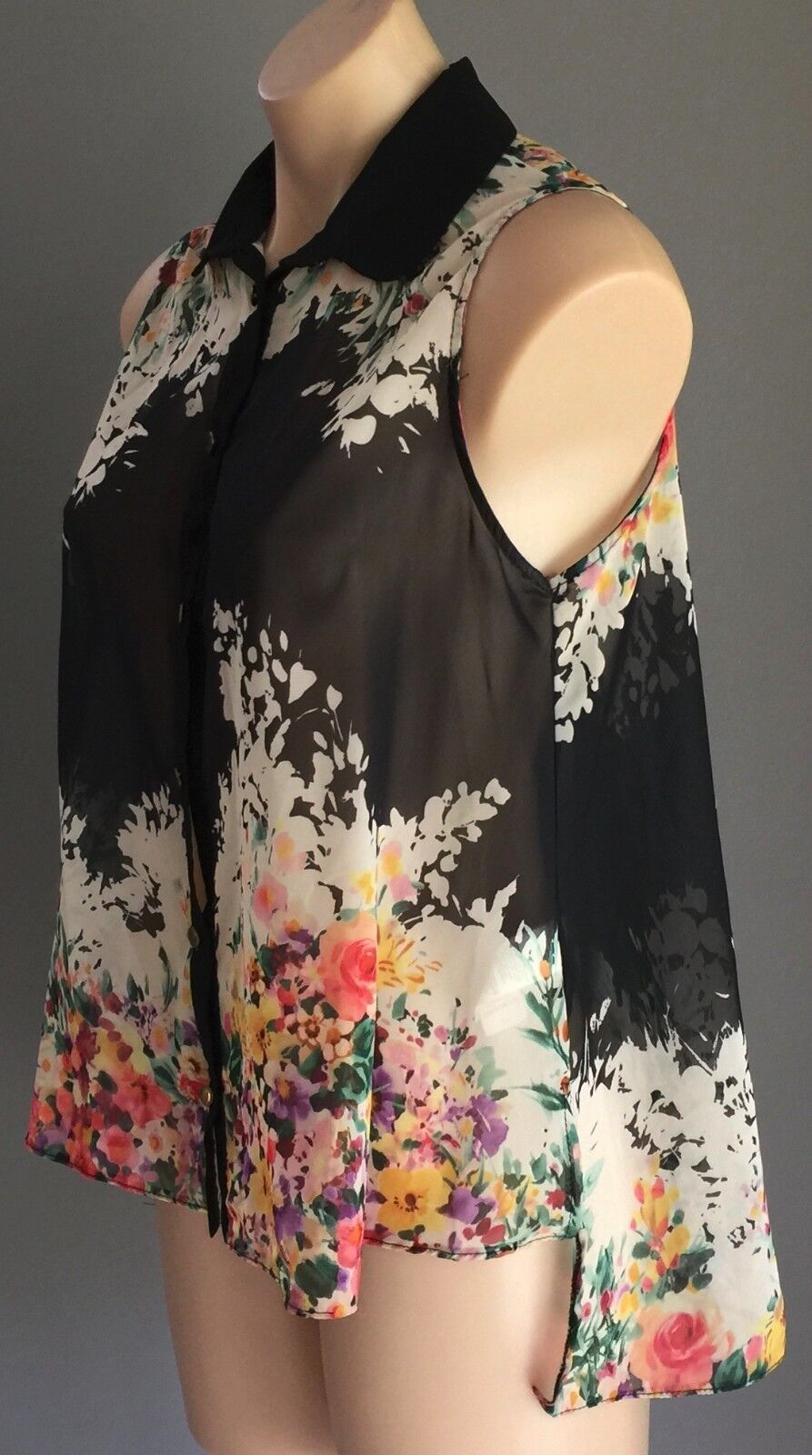 ATMOSPHERE Blouse Sheer Floral Sleeveless Button Front Shirt Top Hi Lo Top Sz 12