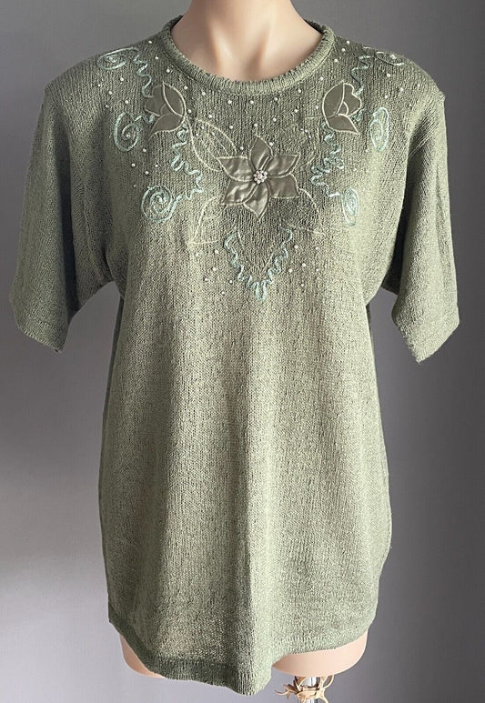 LILY CHAO Knit Top Khaki Floral Applique Beaded Trim Short Sleeve Size M 12
