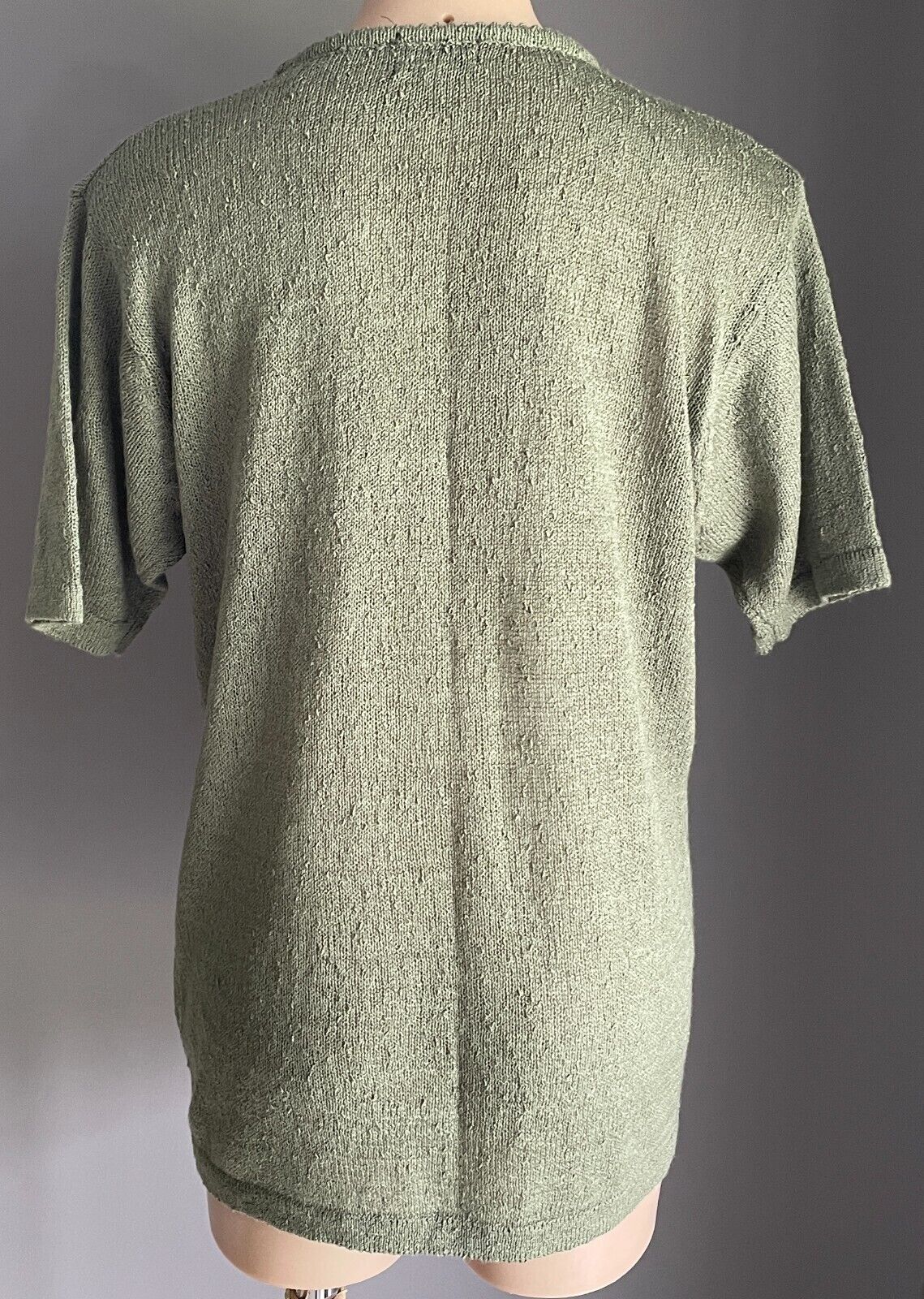 LILY CHAO Knit Top Khaki Floral Applique Beaded Trim Short Sleeve Size M 12
