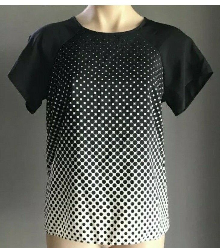 ATMOSPHERE Ombre Top Black & White Square & Polka Dot Print Short Sleeve Sz 12