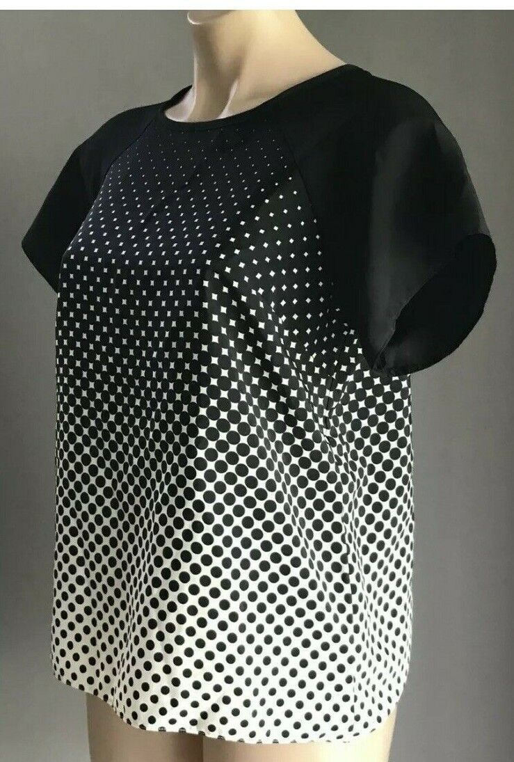 ATMOSPHERE Ombre Top Black & White Square & Polka Dot Print Short Sleeve Sz 12