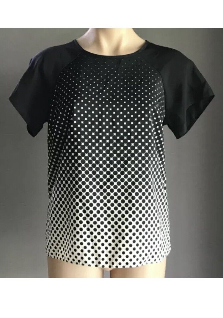 ATMOSPHERE Ombre Top Black & White Square & Polka Dot Print Short Sleeve Sz 12