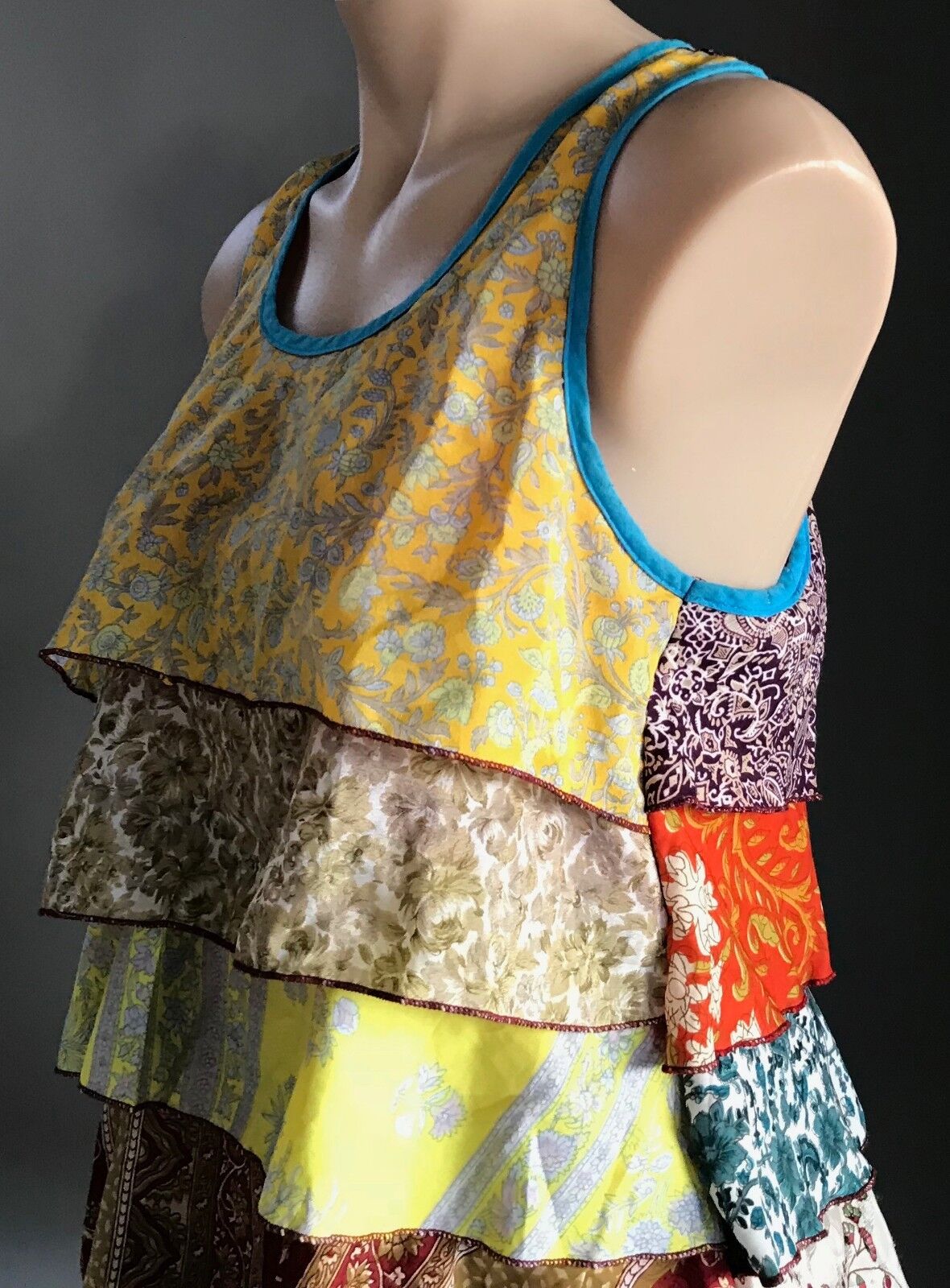 SILLY YETI Tier Tank Top Silk Multi Colour Sleeveless Recycled Size 12 Stunning