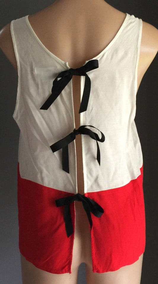 COOPERATIVE Tank Top Blouse Open Back w Ties White & Red Ladies Size M 12