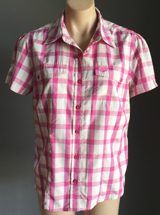 Snap Button Check Shirt Front Pink & White Short Sleeve Top Ladies Size 12
