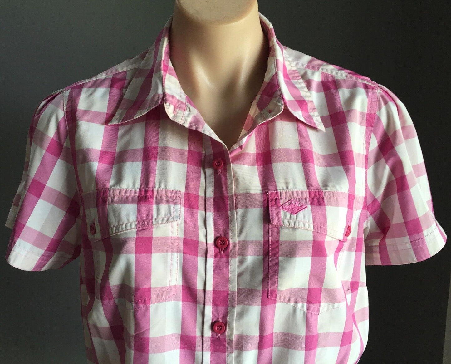 Snap Button Check Shirt Front Pink & White Short Sleeve Top Ladies Size 12