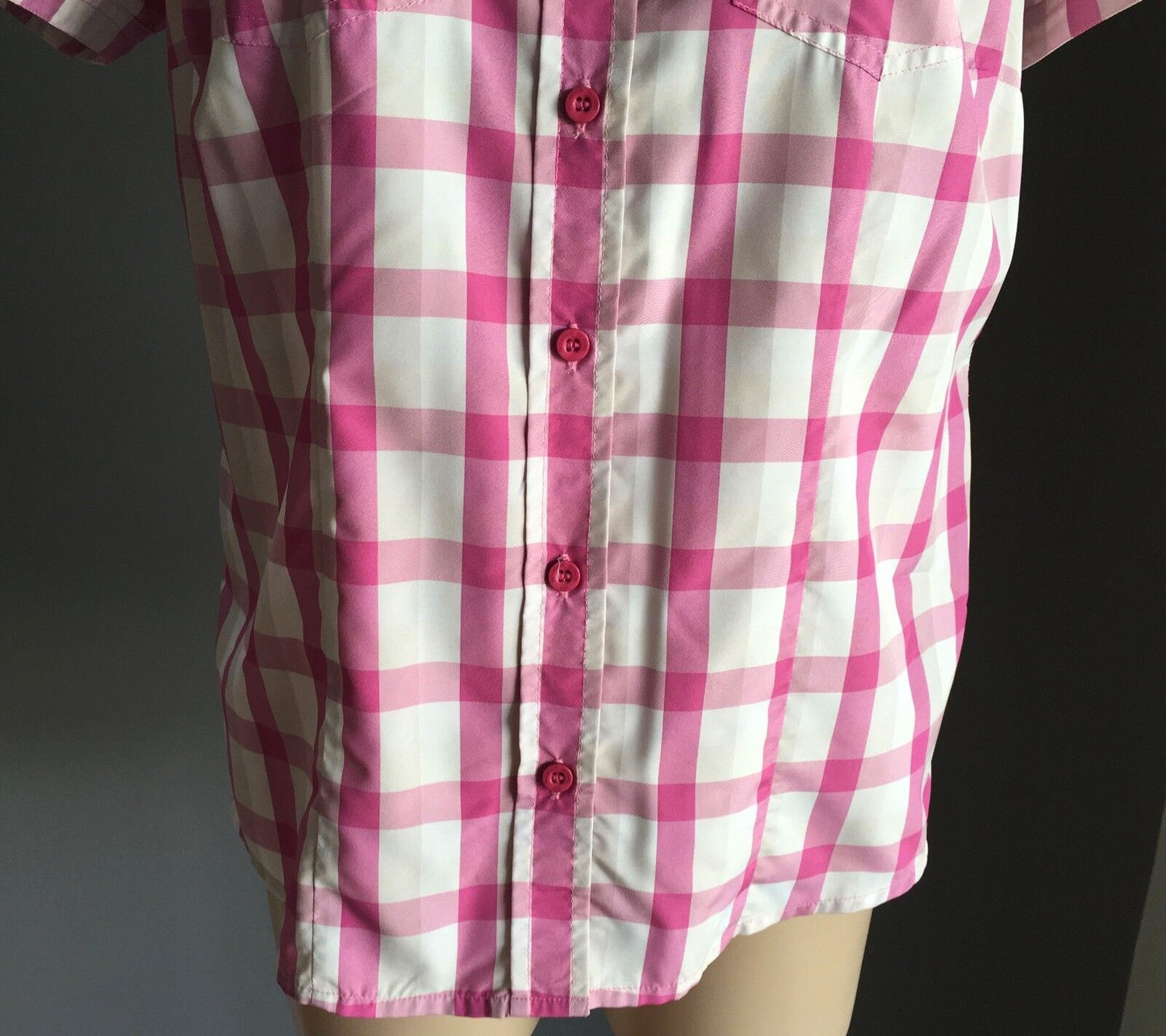Snap Button Check Shirt Front Pink & White Short Sleeve Top Ladies Size 12
