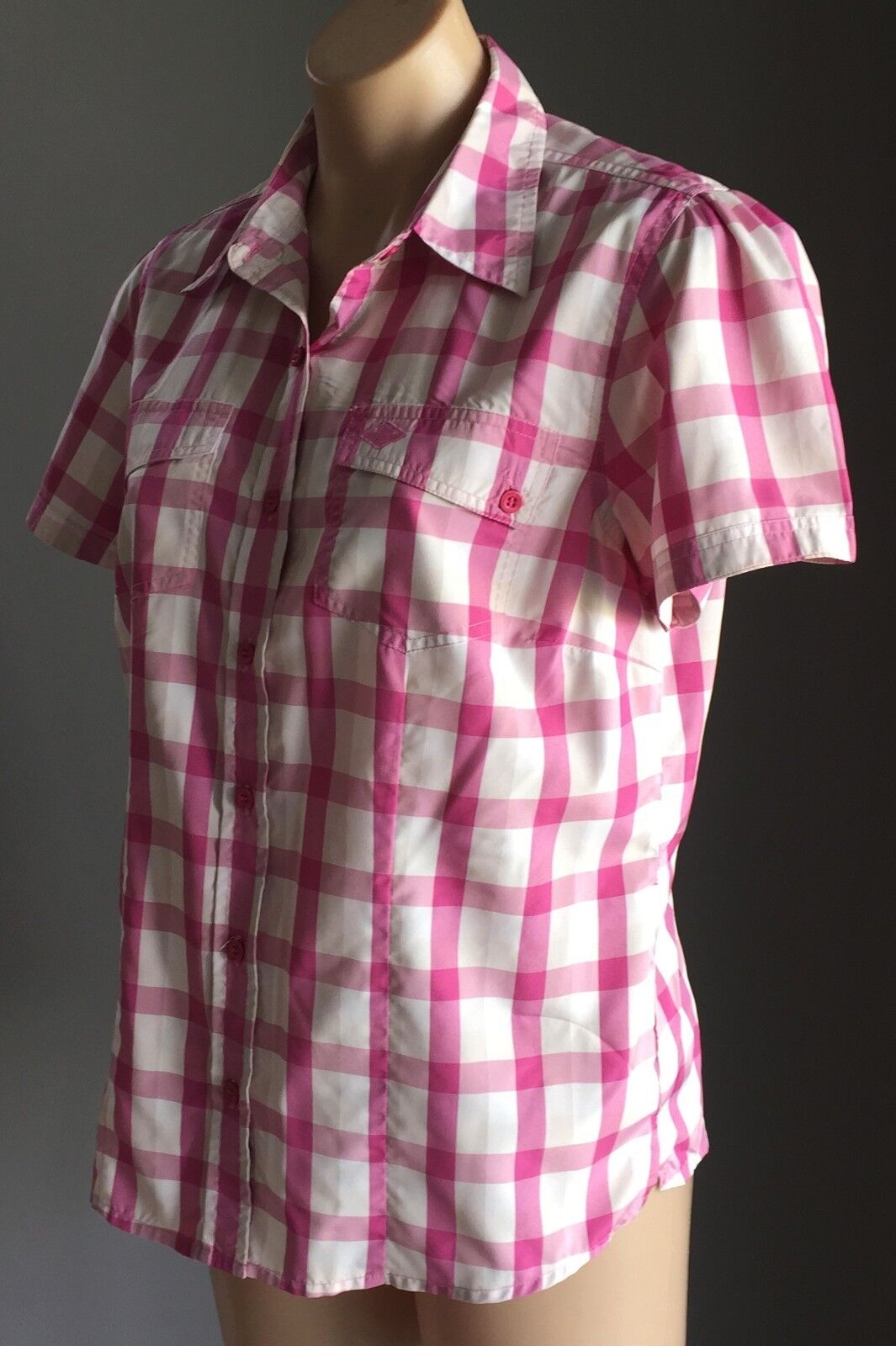 Snap Button Check Shirt Front Pink & White Short Sleeve Top Ladies Size 12