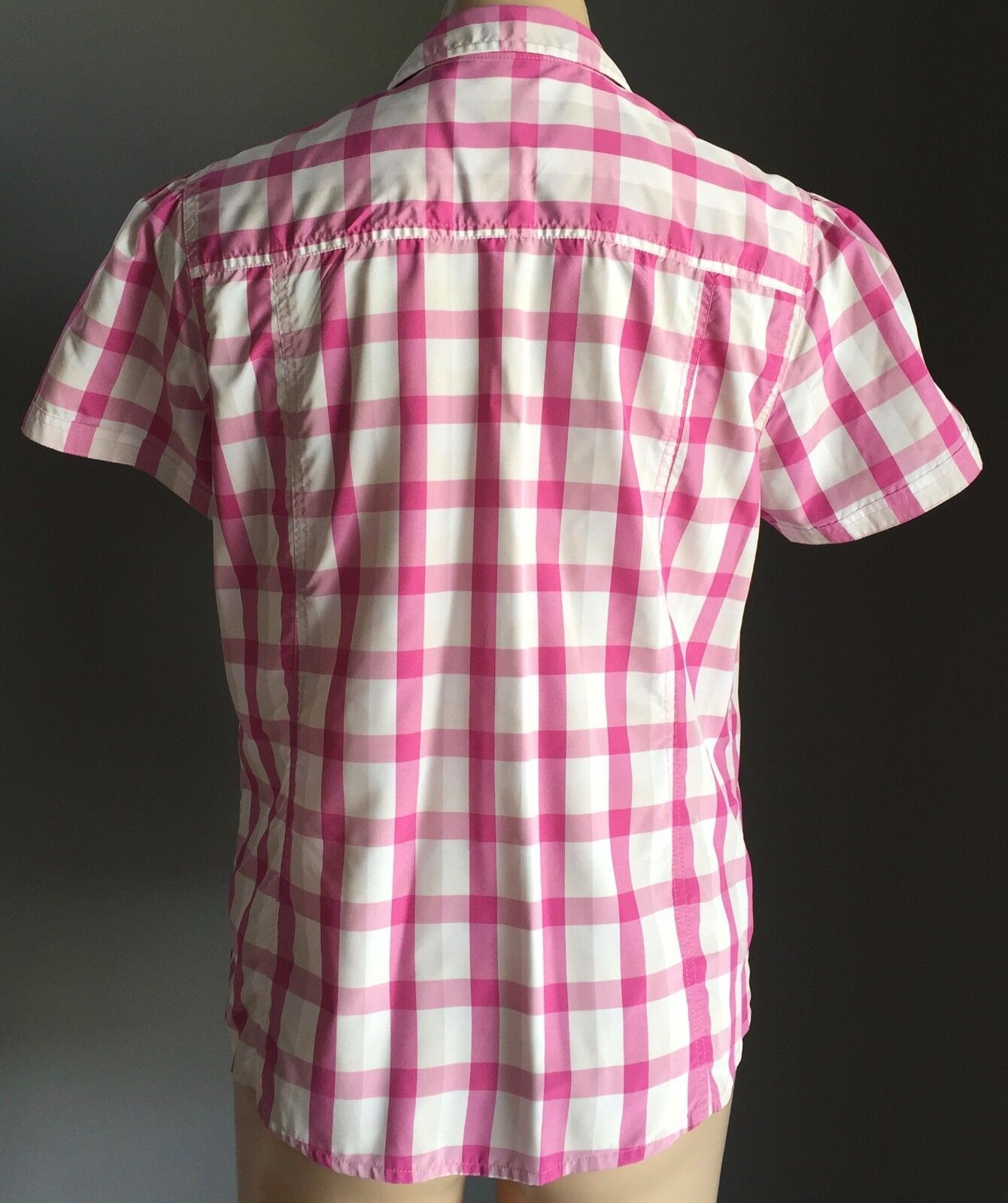 Snap Button Check Shirt Front Pink & White Short Sleeve Top Ladies Size 12
