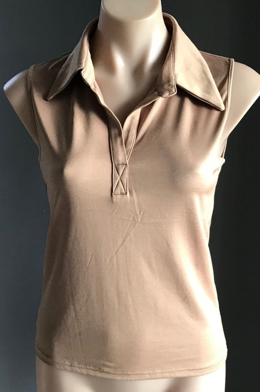 French SINEQUANONE Polo Top Gold Colour Sleeveless Stretch  Ladies Size 2 AU 12