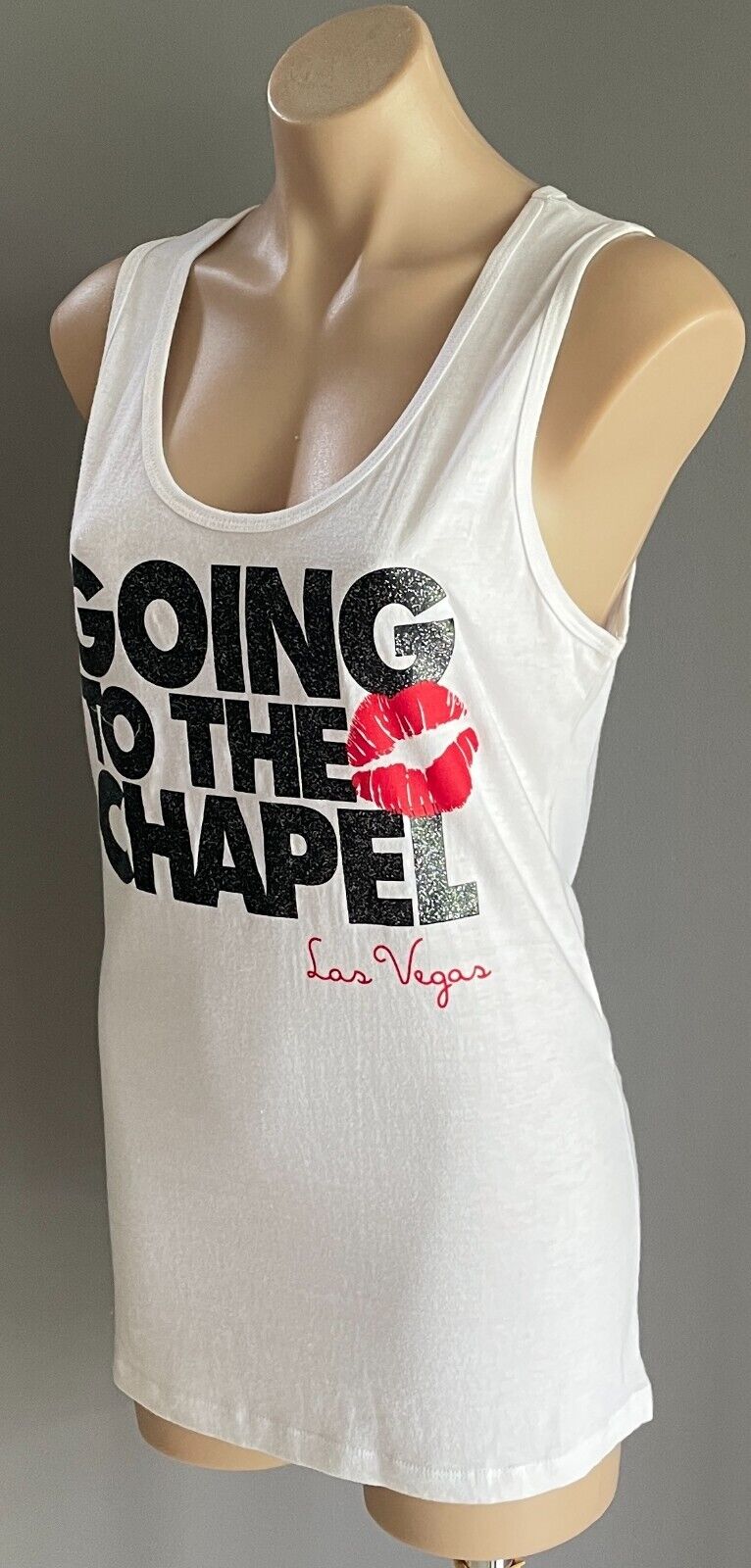 Headline Going To The Chapel Las Vegas White Tank Top Black Glitter XL 12 NEW