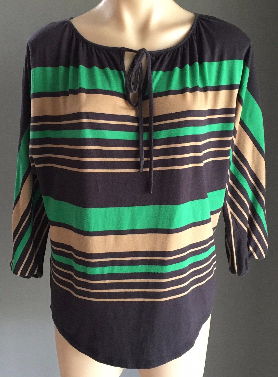 COUNTRY ROAD Sweater Stripe Top Navy Green Tan Stretch Dolman Size S 10 12
