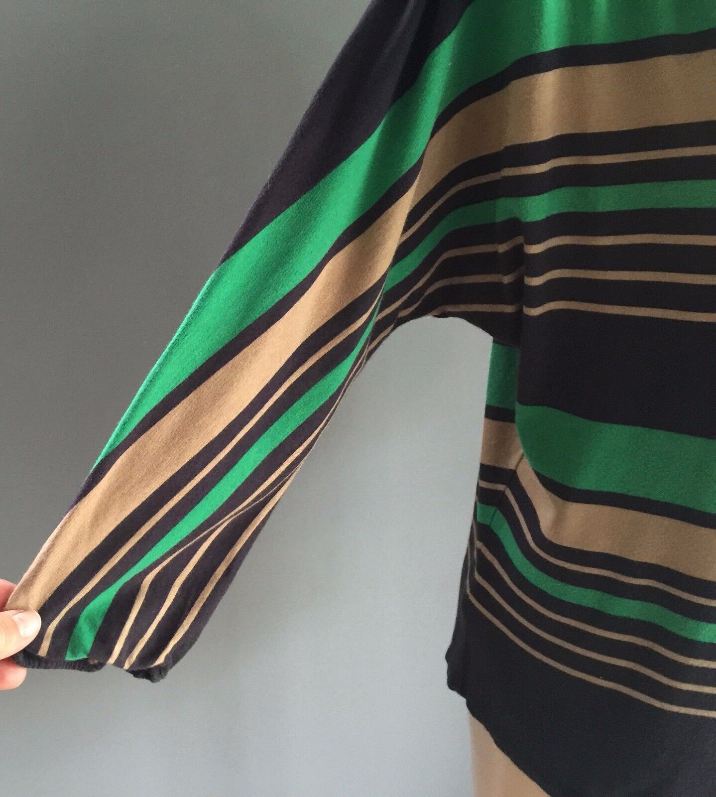 COUNTRY ROAD Sweater Stripe Top Navy Green Tan Stretch Dolman Size S 10 12