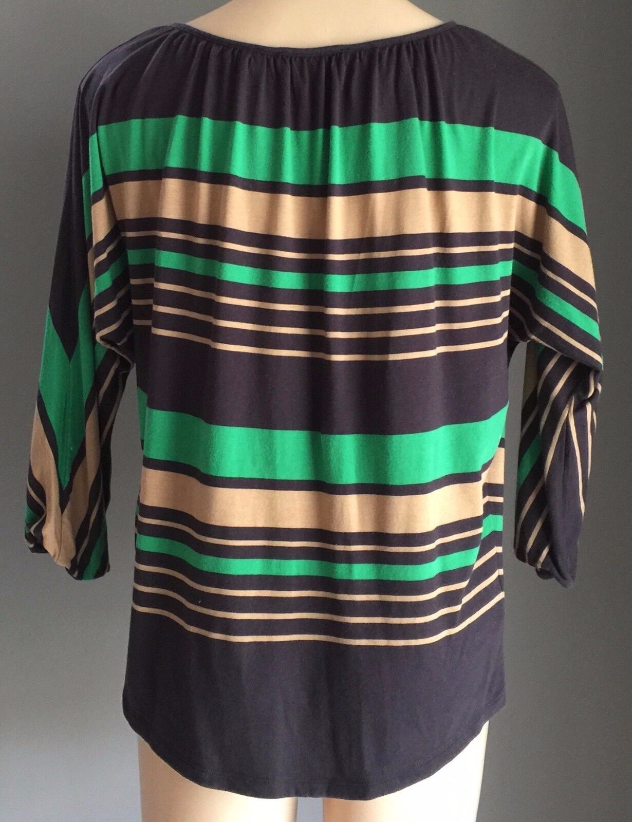 COUNTRY ROAD Sweater Stripe Top Navy Green Tan Stretch Dolman Size S 10 12