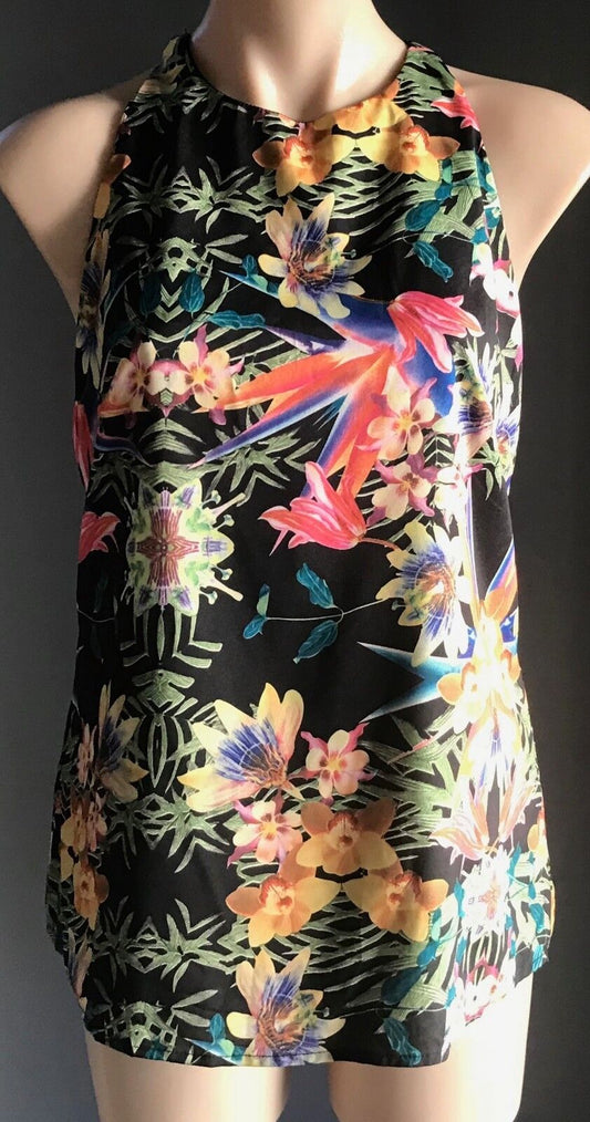 WHITE CLOSET Top Blouse T-Bar Back Top Black Floral Print Ladies Size 12 NEW