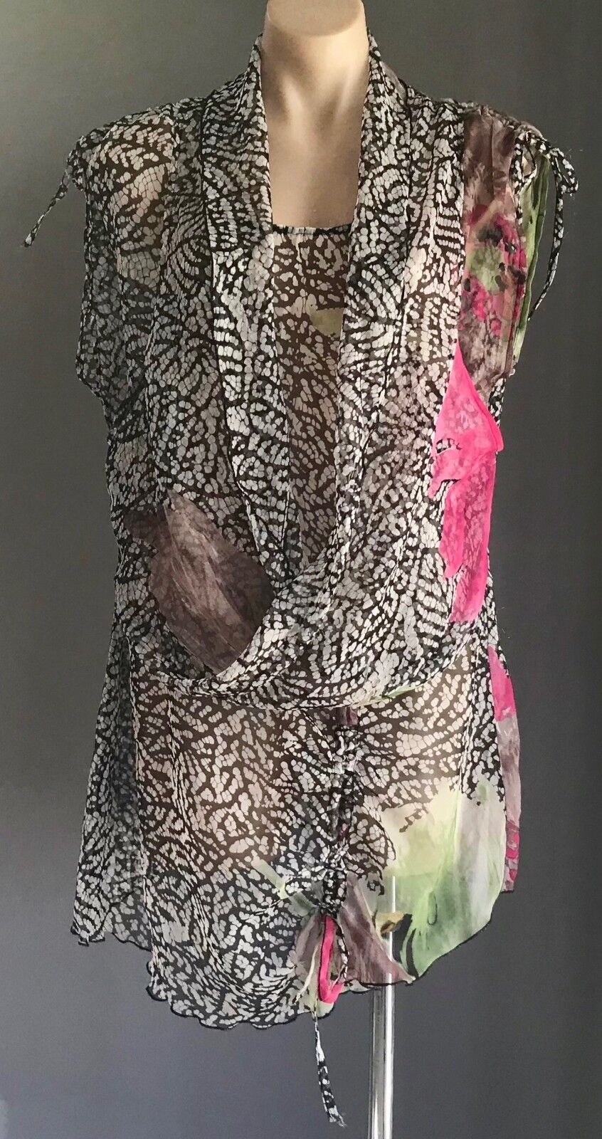 HOLMES & FALLON Top Sheer Tunic Colourful Print Blouse Pull Up Tie Size M 12 NEW