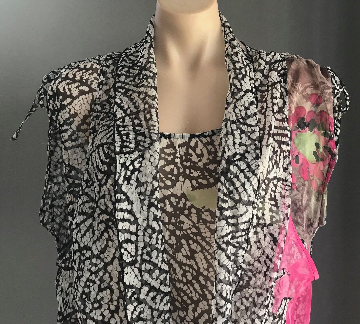HOLMES & FALLON Top Sheer Tunic Colourful Print Blouse Pull Up Tie Size M 12 NEW
