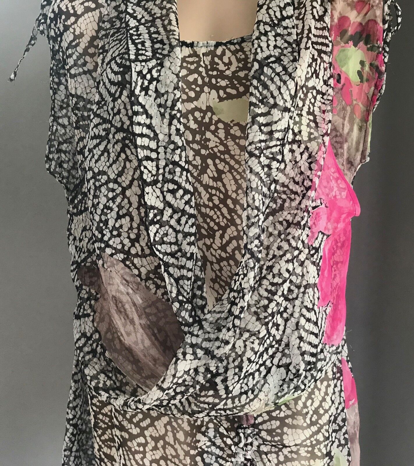 HOLMES & FALLON Top Sheer Tunic Colourful Print Blouse Pull Up Tie Size M 12 NEW