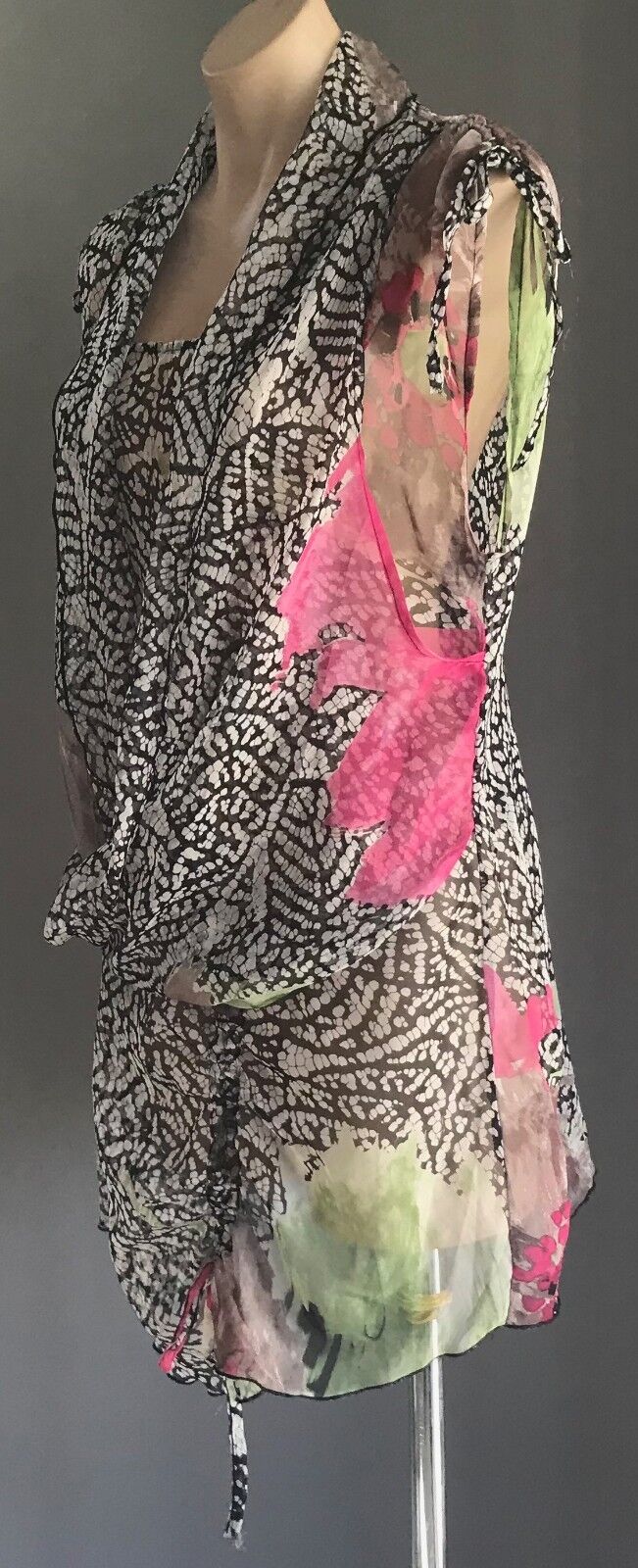 HOLMES & FALLON Top Sheer Tunic Colourful Print Blouse Pull Up Tie Size M 12 NEW