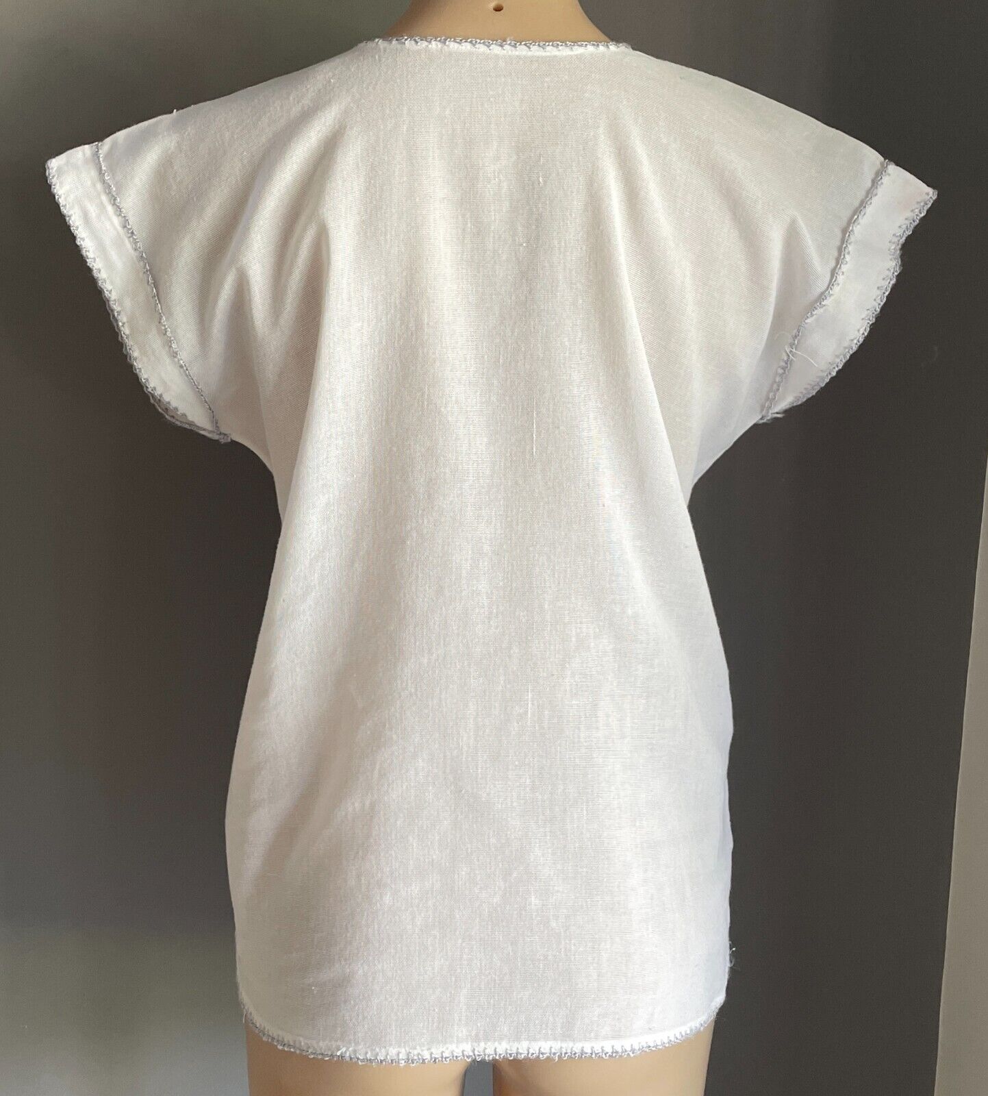 Hand Embroidered Top White Blouse Extended Sleeves Size 12 Pink and Grey Trim