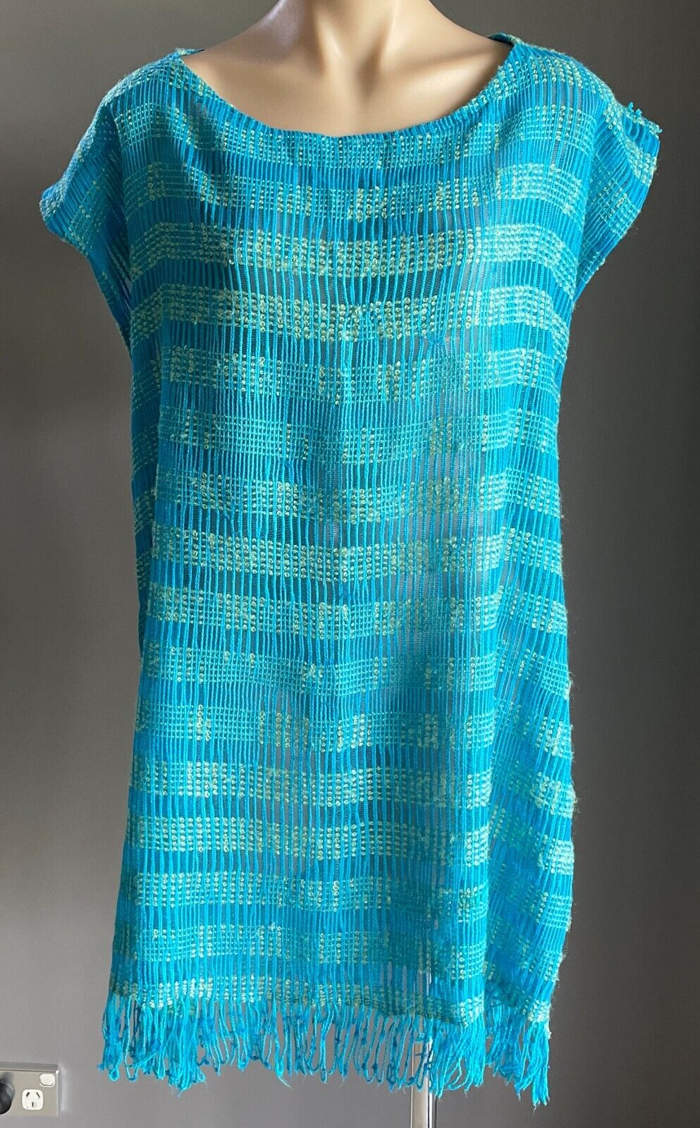 Tunic Top Blue Green Check Open Knit Beach Pool Swim Cover Fringed 10 12 NEW
