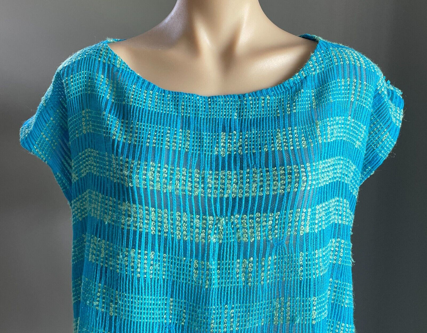 Tunic Top Blue Green Check Open Knit Beach Pool Swim Cover Fringed 10 12 NEW