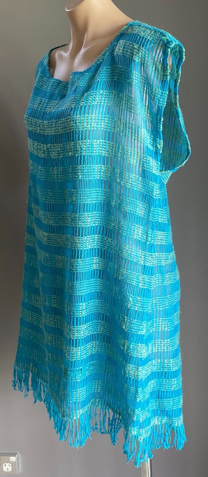Tunic Top Blue Green Check Open Knit Beach Pool Swim Cover Fringed 10 12 NEW