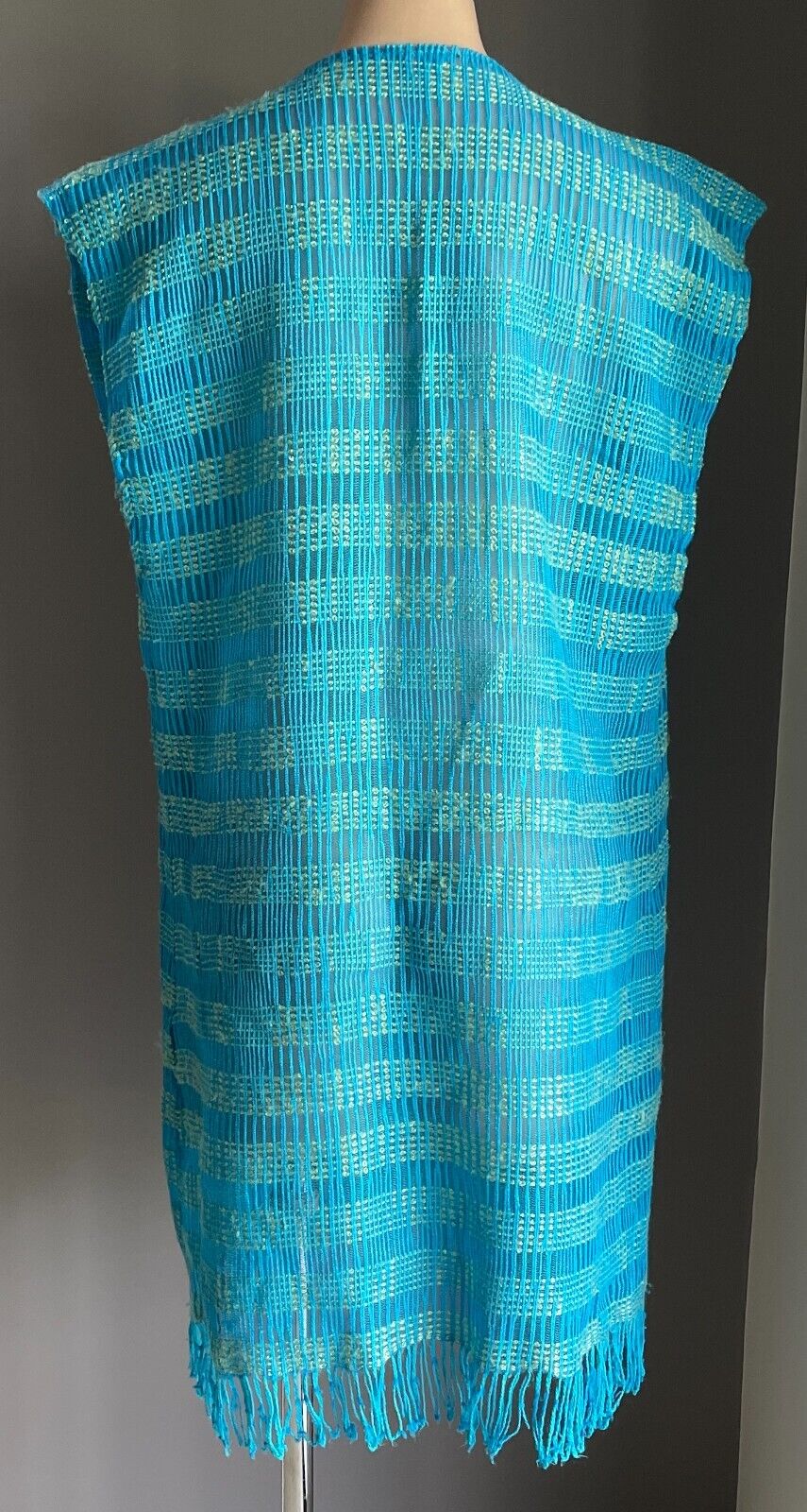 Tunic Top Blue Green Check Open Knit Beach Pool Swim Cover Fringed 10 12 NEW