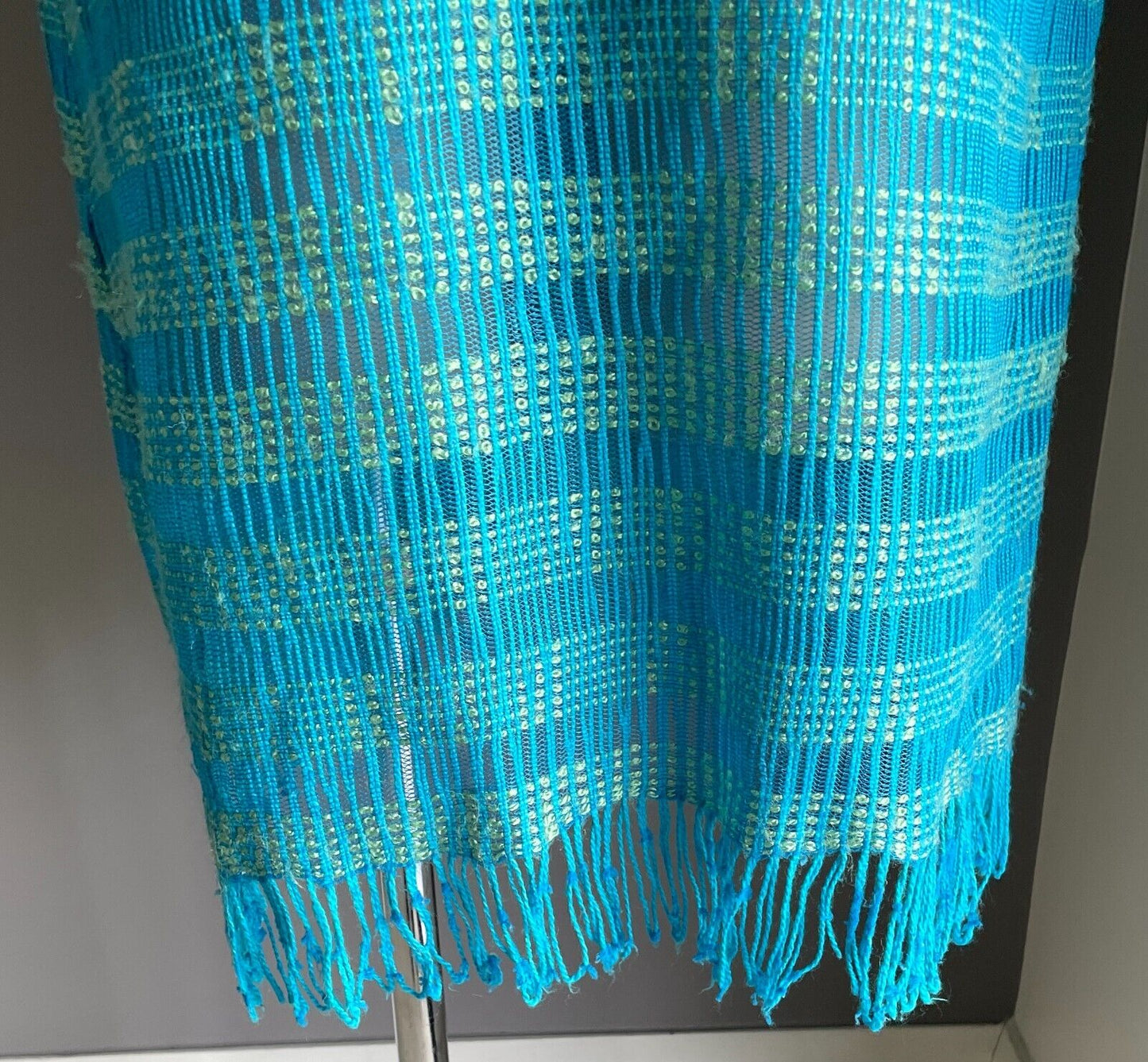 Tunic Top Blue Green Check Open Knit Beach Pool Swim Cover Fringed 10 12 NEW