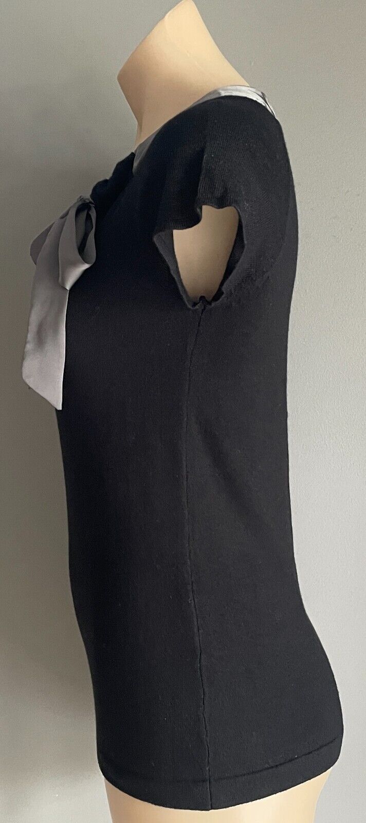 OSTIN Black Knit Top Extended Sleeves Size S 10 Grey Satin Trim Next Tie O*STIN