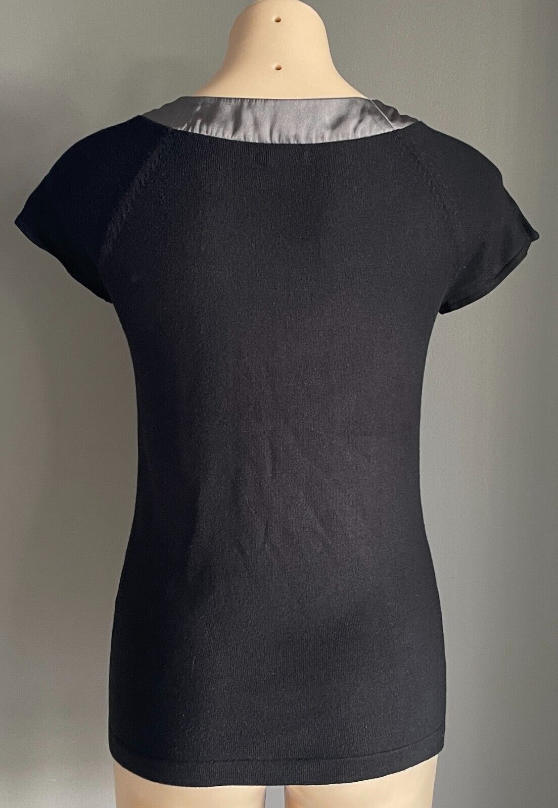 OSTIN Black Knit Top Extended Sleeves Size S 10 Grey Satin Trim Next Tie O*STIN