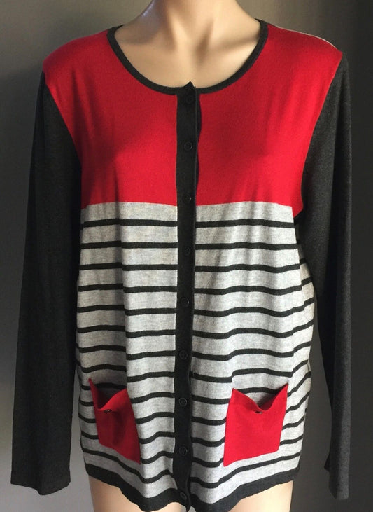 EQUUS Cardigan Red & Grey Stripe Thin Knit Stylish Stand Out Ladies Size L 14 16