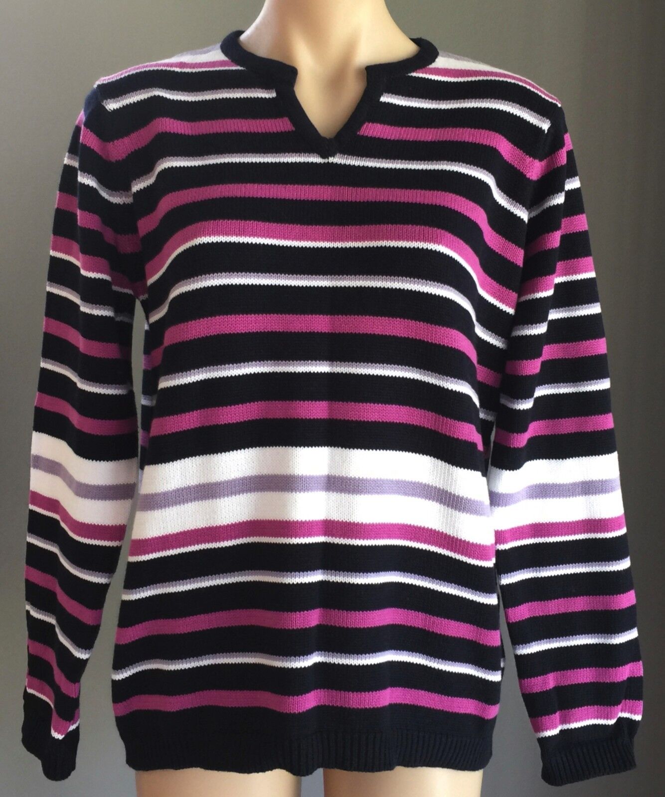 EWM Jumper Purple Grey Black White Stripe Cotton Knit Long Sleeve M 14 16