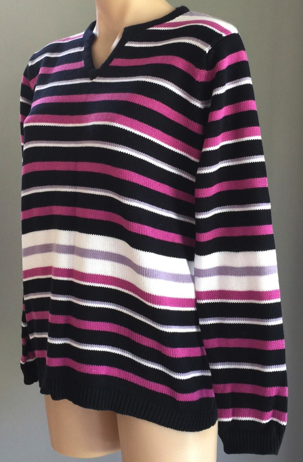EWM Jumper Purple Grey Black White Stripe Cotton Knit Long Sleeve M 14 16
