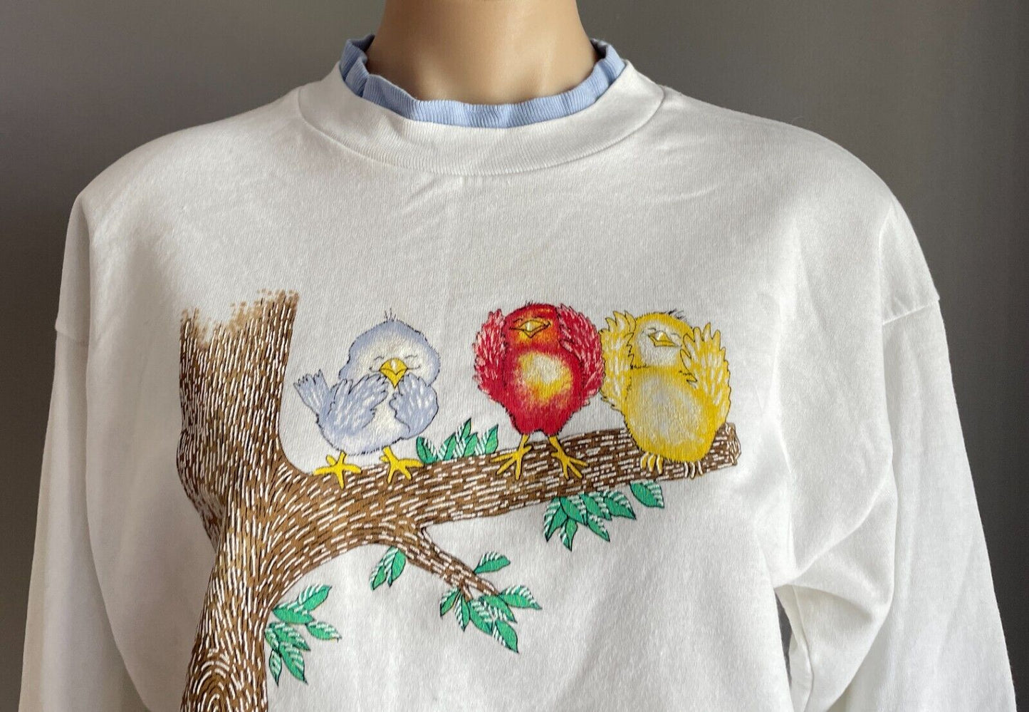 BASIC EDITIONS White Sloppy Joe w Singing Kittens Birds Print Size 14  (K-MART)