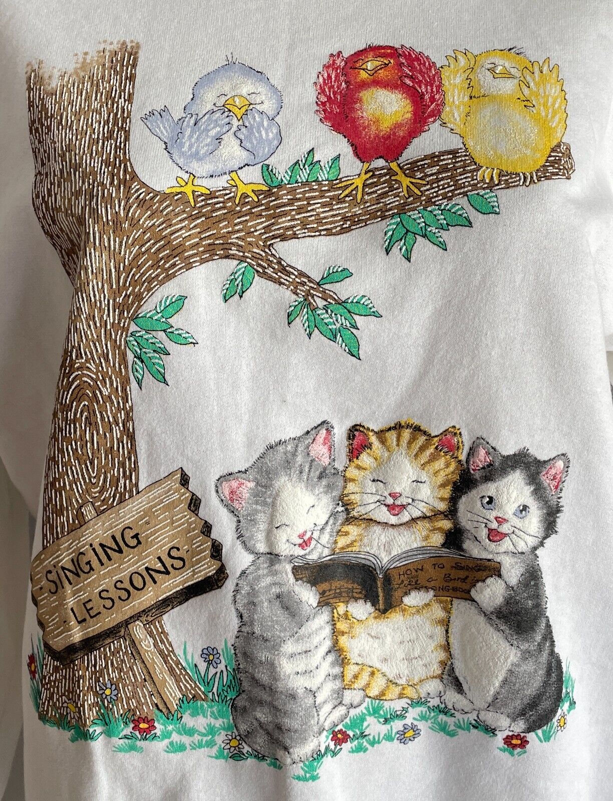 BASIC EDITIONS White Sloppy Joe w Singing Kittens Birds Print Size 14  (K-MART)