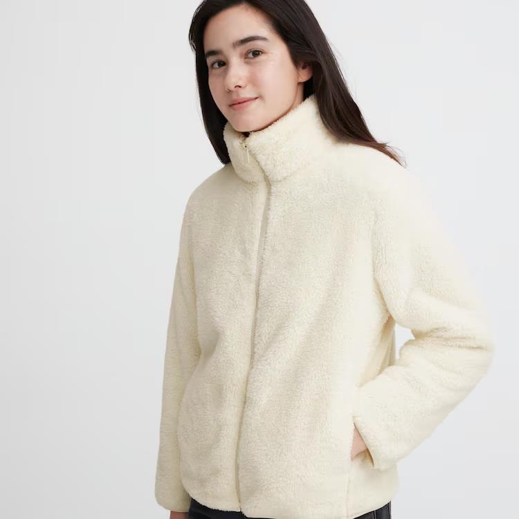UNIQLO Jacket Full Zip Off White Fluffy Yarn Fleece Size M 10 12 Long Sleeves