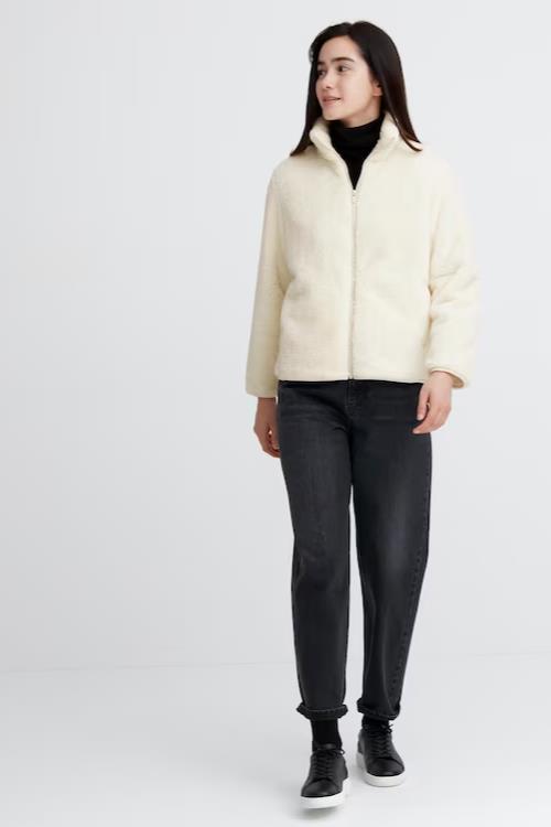 UNIQLO Jacket Full Zip Off White Fluffy Yarn Fleece Size M 10 12 Long Sleeves