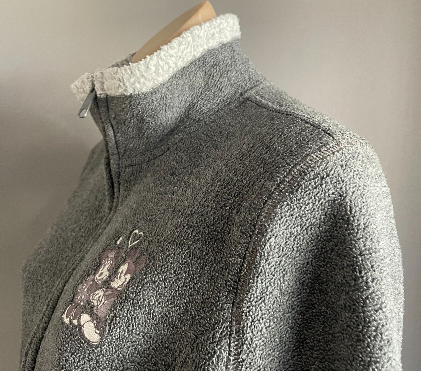DISNEYLAND Jacket Full Zip Grey Polar Fleece Sherpa Lined Size M 12 Long Sleeve