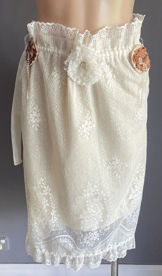 Handmade Skirt Off White Lace Gathered Waist Side Tie Size 12  14 Unique